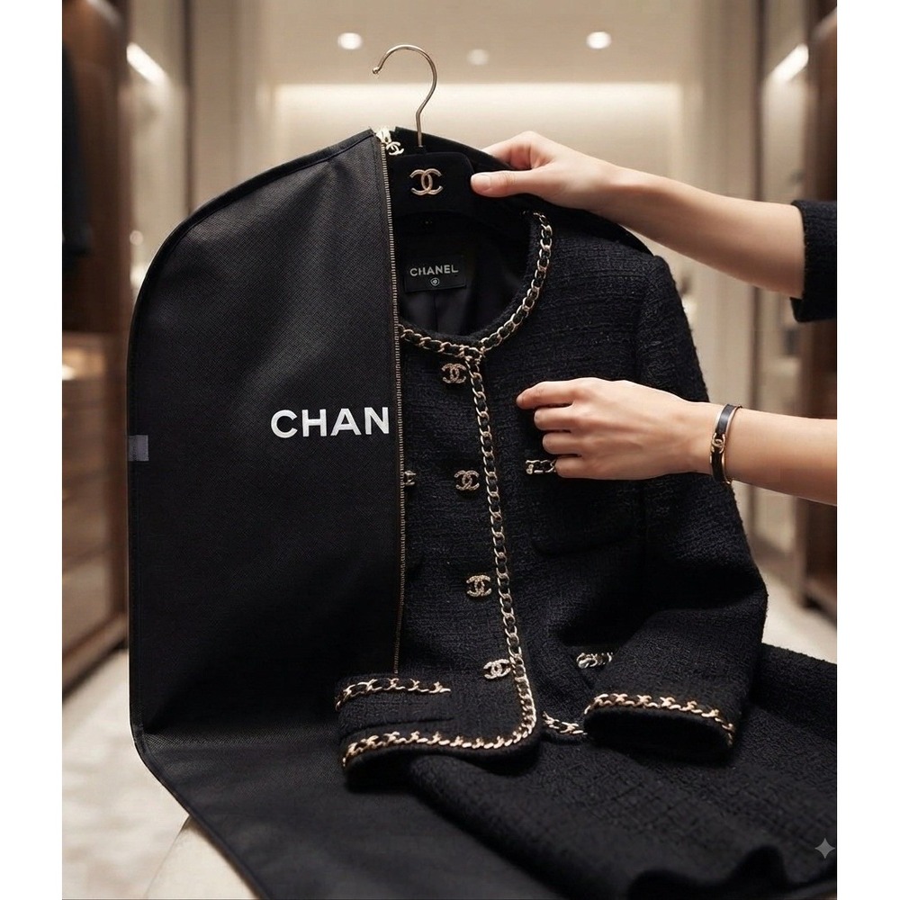 CHANEL Authentic Garment Bag & Velvet Gold CC Hanger Black Logo Suit Cover EUC